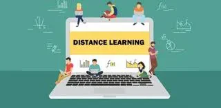 An illustration of a large laptop with DISTANCE LEARNING displayed on a yellow banner across the screen, surrounded by small cartoon figures of students studying with devices and various educational icons floating in the background.