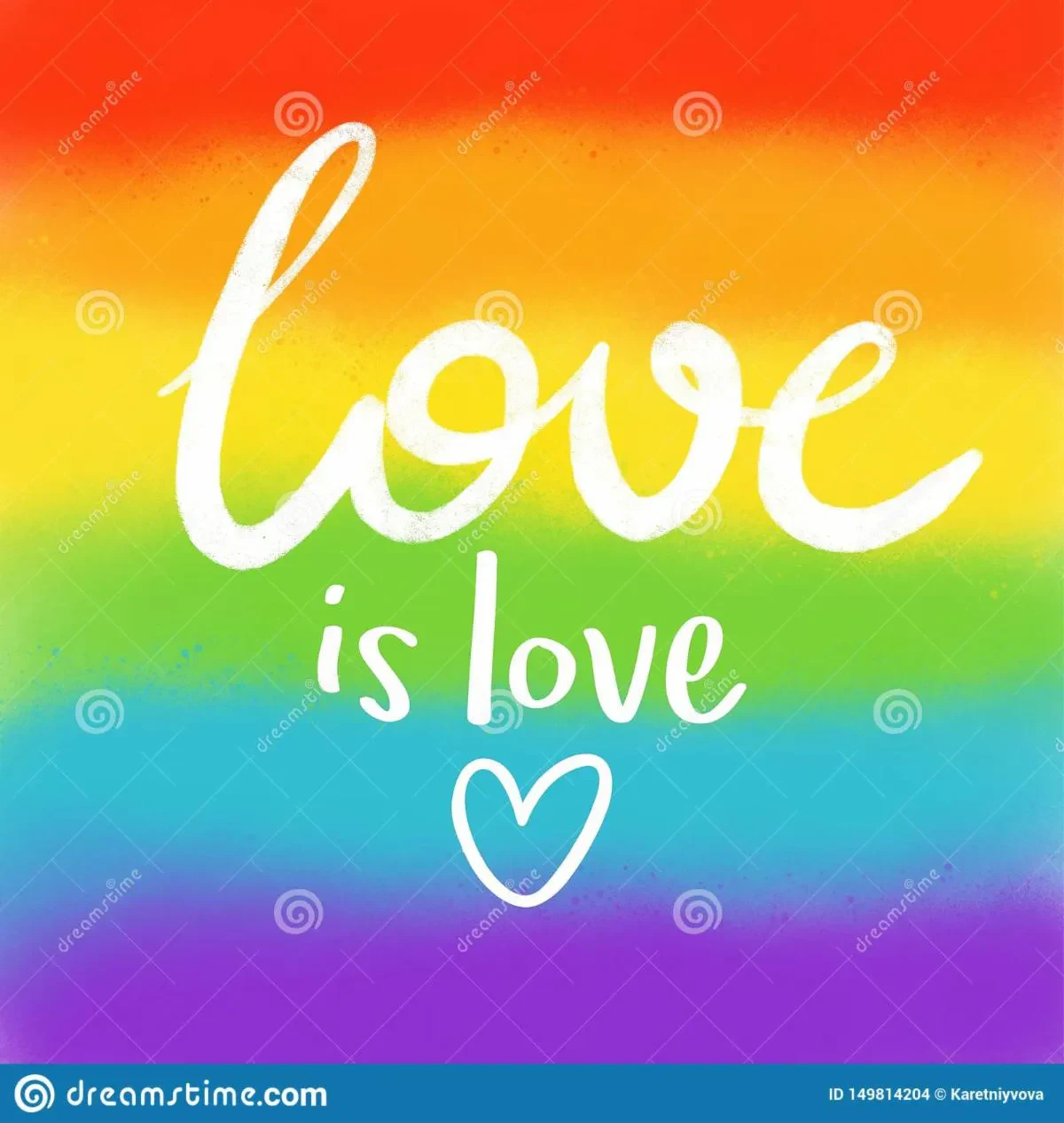 A graphic featuring the text love is love written in white cursive with a small hand-drawn heart beneath it, set against a vibrant rainbow gradient background