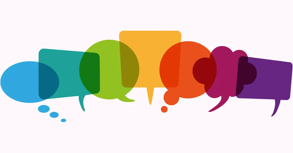 A colorful banner featuring overlapping, translucent speech bubbles in shades of blue, green, yellow, orange, and purple against a white background.