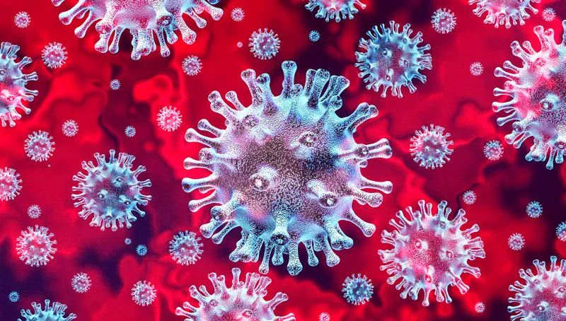 Illustration of the coronavirus on a red background, representing the virus responsible for COVID-19.