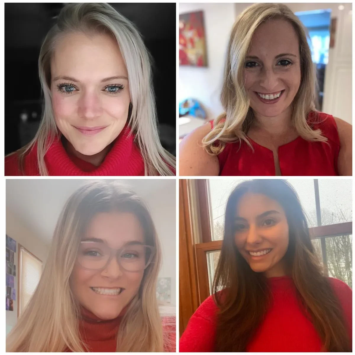 A four-panel grid collage showcasing close-up smiling portraits of four different women, all wearing vibrant red tops.