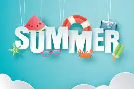 A vibrant paper-cut style banner featuring the word "SUMMER" in large white 3D letters, decorated with hanging beach items like a watermelon slice, life ring, sunglasses, and a camera against a turquoise background.